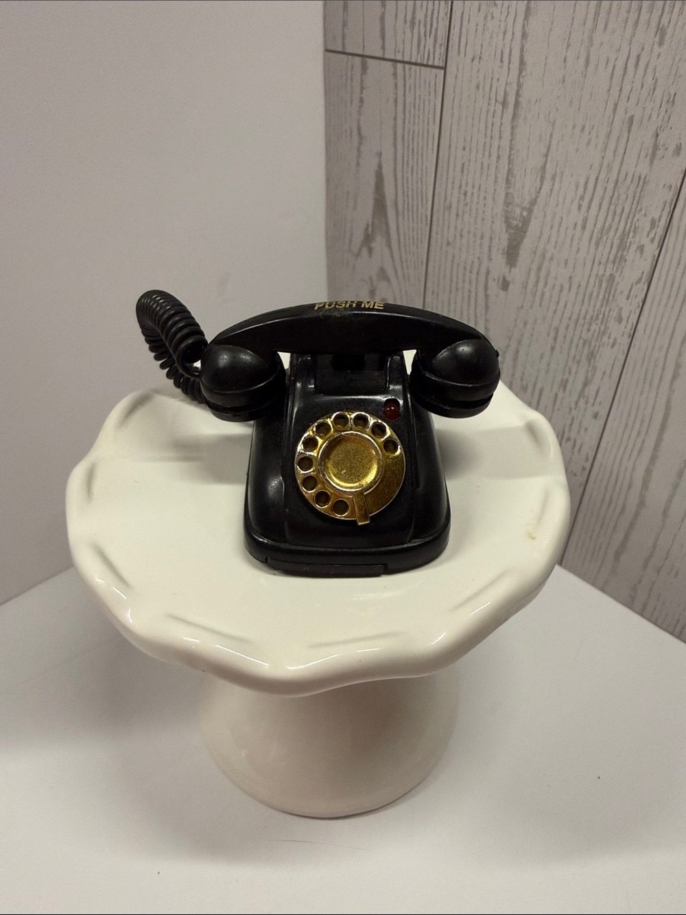 Black Retro Rotary-Style Toy Phone with Gold Dial. Trinket sized.